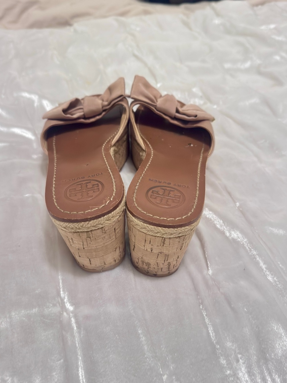 of Tory Burch Penny Grosgrain Cork Wedge Slide Sandals. - Picture 2 of 4